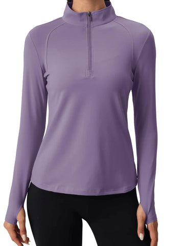 1/4 Zip Up Pullovers Womens Long Sleeve Slim Fit Sweatshirts Soft Warm 2 Zipper Pockets Thumb Holes Outdoor Hiking Tops