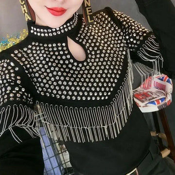 Punk Style Slim Chic Rivet T-shirt Fashion Solid Color Spring Autumn Tassel Women's Clothing Stand Collar Cut Out Pullovers 2022
