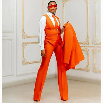 Orange Women's Suits Customized Plus Size Formal Single-breasted Peak Lapel Three Pieces (Jacket+Pants+Vest) Office Lady Set