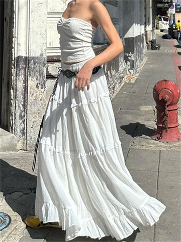 Fairycore Elegant White Flowy Hem Long Skirts Women Elastic Waist Ruffle Lace Trim Flare A-Line Skirts Retro Streetwear