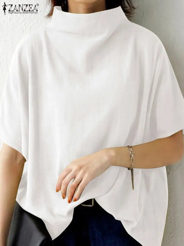 ZANZEA Causal Pure Cotton Blouse Summer Women Solid Turtleneck Short Sleeve Back Zipper Blusas Elegant Holiday Tops Oversized