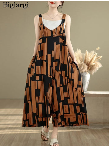 Oversized Summer Overalls Pant Women Irregular Print Fashion V-Neck Ladies Overalls Trousers Casual Loose Wide Leg Woman Pants