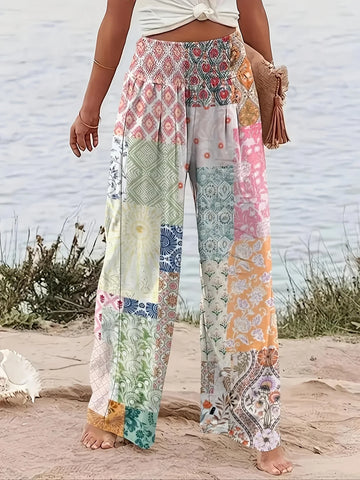 Women Fashion Floral Printed Wide Leg Pants Female Casual High Waisted Loose Long Trousers