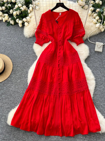 Red Beach Dress Women French Retro V-neck Hollow Lace Patchwork Single Breasted Bubble Sleeve Long Dresses Vintage Long Robe
