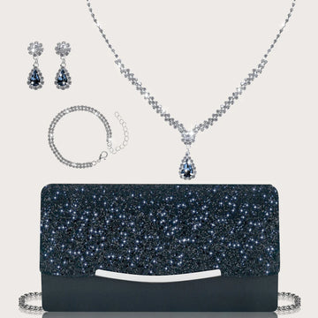 Romantic and stylish sequined women's handbags and evening bags, paired with rhinestone necklaces, earrings and bracelet sets.