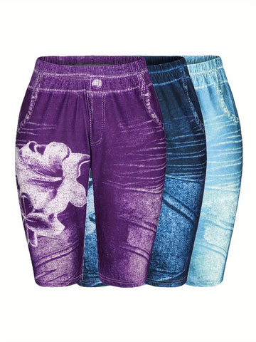 3-Piece Set Of Lily Flowers New Fashionable Denim Inspired Slim Fitting Shorts Women's Casual Leggings High Elasticity