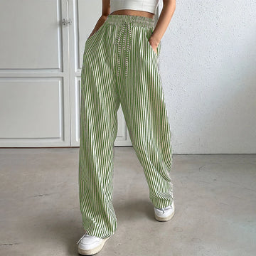 Women's Striped Pockets Drawstring Full Length Chino Pants Spring Autumn Ladies Casual Mid Elasticated Waist Bottoms