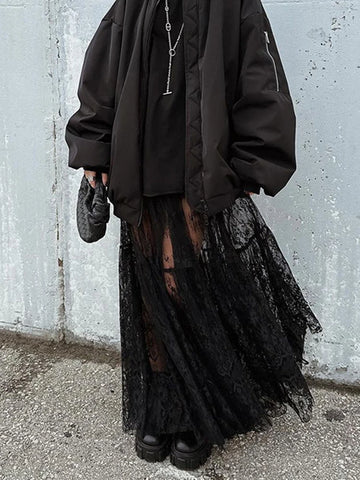 2024 Summer Autumn Women Sexy Lace Skirts Solid High Waist Flare Long Maxi Skirt For Women