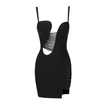 Women's Sexy Sleeveless V Neck Mesh Patch Bandage Dress Spaghetti Strap Hollow Mini Bodycon Dress Celebrity Party Dress
