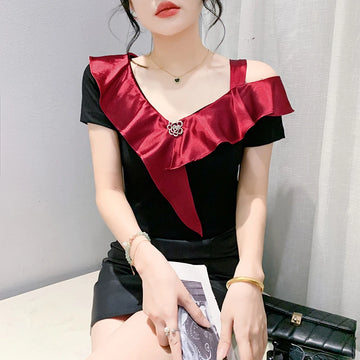 2024 New Summer European Clothes T-Shirt Fashion Sexy Hollow Out Rose Drill Button Patchwork Women Tops Short Sleeve Tees 47011