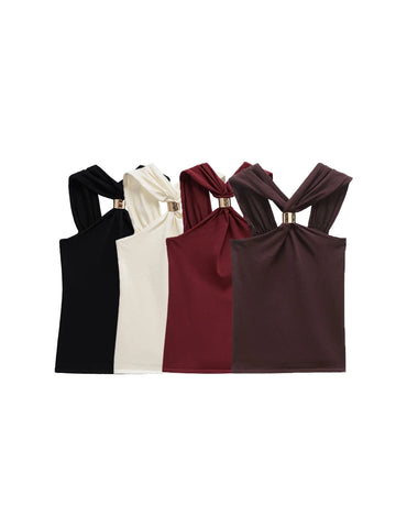 TRZA Women's Fashion Knit Halterneck Tank Top Gold Appliques Wide Straps Camisole Female Topwear