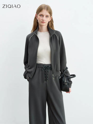 ZIQIAO Contrast Color Cropped Jacket Casual Pants Suit Women 2025 Early Autumn New Workout Outfit Female Set 25ZQ93072+25ZQ93073