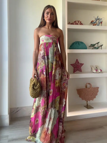 Retro Printed Strapless Long Dress Fashion Women's Sleeveless Off Shoulder Pleated Vestidos 2025 Summer Lady Beach Party Robes