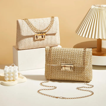 2025 Fashion Women Straw Shoulder Bag Woven Handmade Clutch Handbag High Capacity Female Lock Closure Simple Small Square Bag