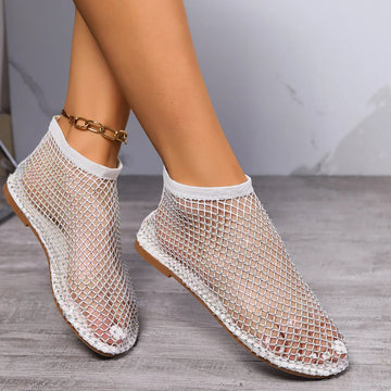 2024 Summer Women's New Round Toe Flat Bottom Sandals Hollow Short Boots Water Diamond Sexy Flat Bottom Fashion Banquet Slippers