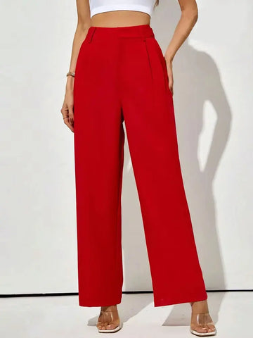 TRZA-Straight Pants with Taps Front Darts for Women, High Waist, Zipper Fly, Side Pockets, Female Trousers, Fashion