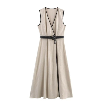 PB&ZA2025 Summer New Product Women's High End Casual and Fashionable Simple With Belt Sleeveless V-neck Medium Length Dress