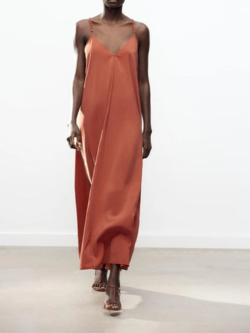 European style new women's fashion versatile temperament solid color simple V-neck suspender long dress