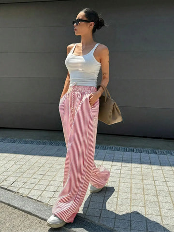 Women's Plus-size 1XL-5XL Fashion Comfortable Striped Drawstring Casual Pants Loose Stretch Mid-waist Tracksuit Pants