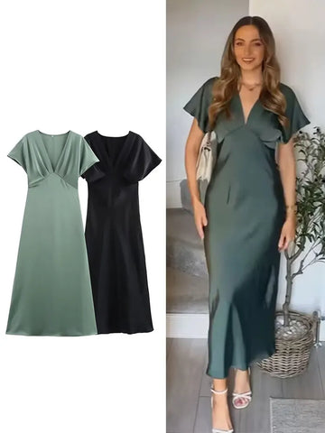 TRAFZA Women Elegant Solid Satin Dress Sexy V Neck Short Sleeve Midi Dress 2025 New Fashion Summer Lady Holidays Party Dress