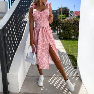 Women's Boho Floral Strappy V-Neck Lace Up High Split Midi Dress Summer Ladies Vacation Beach Holiday A-Line Sundress Size S-2XL