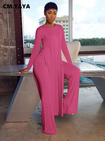 CM.YAYA Solid Classic Women's Set Long Sleeve High Slit X-long Tee Top Straight Pant Suit Tracksuit Fitness Two 2 Piece Outfits