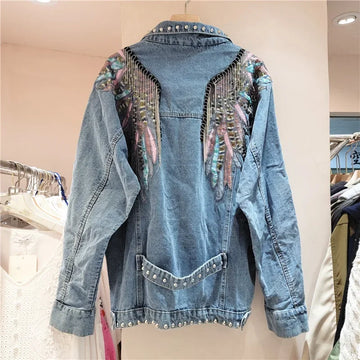 Harajuku Vintage Wings Embroidery Chain Tassel Denim Jacket Women Blue Short Coat Casual Long Sleeve Spring New Chaqueta Mujer