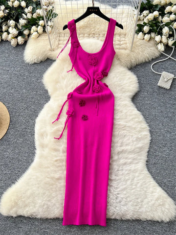 SINGREINY Summer Sexy Vacation Tank Dress Sleeveless Elastic Bodycon Sundress Women 3D Flower Design Casual Knitted Dresses