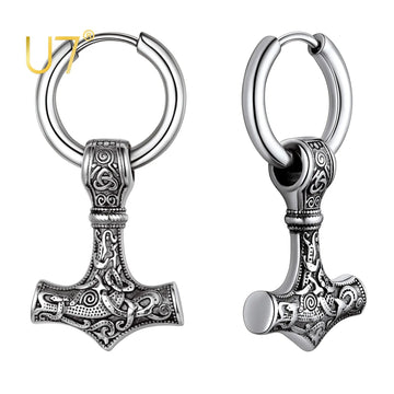 U7 Unisex Viking Mjolnir Earrings for Man Woman Stainless Steel Norse Mythology Thor's Hammer Amulet Drops Earring Jewelry Gift