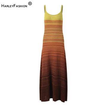 2024 Summer Gradient Color Women Knitted Sleeveless Sexy Holiday Casual Ladies Fashion Long Slip Dresses