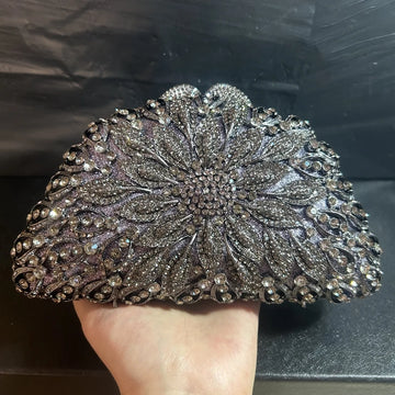Lady Black/Grey Stones Evening Clutch Bag Rhinestones Handbag Chain Women Wallet Purse for Cellphone Lipstick Wedding Clutches