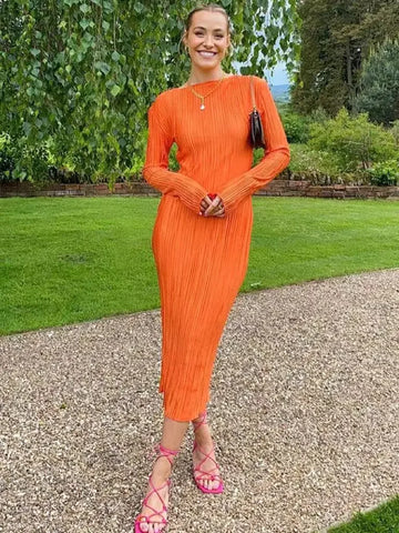 2024 Autumn Elegant Bodycon Dress Women Sexy Solid O Neck Flare Sleeves Long Summer Dresses Holiday Vestidos Black Red Orange