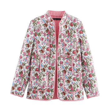European and American style 2024 autumn new women's retro floral print stand collar long sleeve pocket decoration quilted cotton