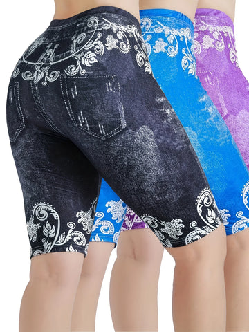 3 Piece Set Of Lmitation Denim Leggings For Women Butterfly Waist Fruit Flower Elastic Shorts High Waist Casual