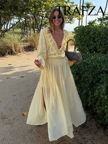 TRAFZA Female Elegant Sets Light Yellow V-Neck Long Sleeves Tierred Decoration Lace-Up Shirts+High Waist Long Skirt Women Suits