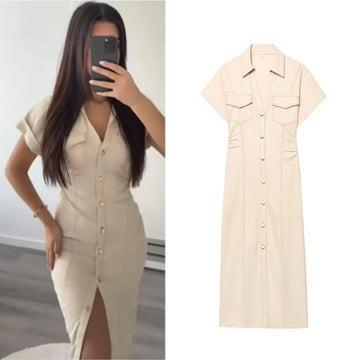 ETJ 2025 summer new TRAF women's elegant fashion waist pleated V-neck short-sleeved temperament denim MIDI dress
