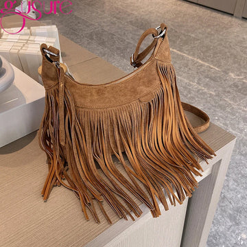Gusure Vintage Tassel Crossbody Shoulder Bags Women Fashion Suede Small Handabg and Purse Female Luxury Design Armpit Hobos Bag
