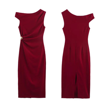 2025 Women Solid Long Dress Skew Collar Sleeveless Off Shoulder Irregular Slim Dress Casual Fashion Party Loose Dress