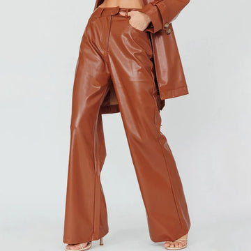 WPNAKS Women Leather Flared Pants Autumn Clothes Fashion Solid Color High Waist Bottoms Bootcut Trousers with Pocket Streetwear