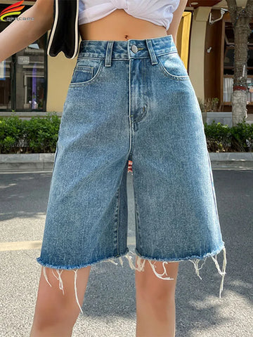 DFRCAEG 2025 Summer Jean Shorts Women Street Wear High Waist Burrs Wide Leg Half Length Bermuda Denim Shorts Woman Hot Sale