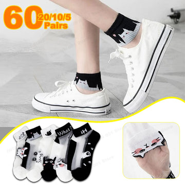 5 Pairs/lot of Womens Slass Filament Fiber Spring and Summer Thin Transparent Black Cat Socks Polyester Breathable Sock Sole