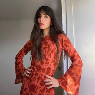 Temperament Print Round Neck Basic Dress Autumn Socialite Style Fashionable And Elegant Slim Fit Long Dress