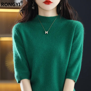 RONGYI Seamless Cashmere Sweater Knitted Women's Clothing 100% Pure Wool Short-Sleeved 2022 Spring Five-Quarter Sleeve Pullover
