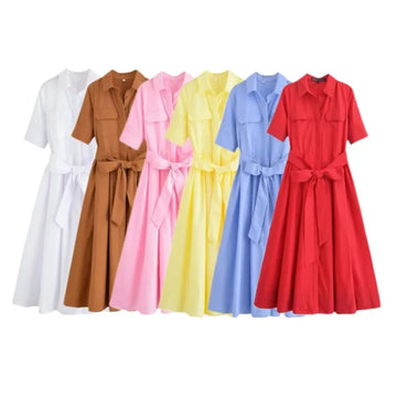 HipSeam Women Dress With Belt Spring Pocket Lady Dress Button Midi Dress Casual Side Zipper Women's Dresses Female Party Dress
