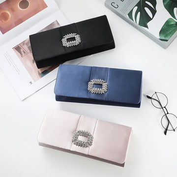 Classic Satin Clutch Bags Women Wedding Party Diamond Cover Mother Handbag Fashion Chain Navy Blue Evening Bags Pearl Pink