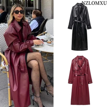 2025 Women New Fashion With Belt Long style Single Breasted Faux Leather Coat Vintage Long Sleeve Pockets Female Outerwear