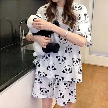 2025 Summer Women's Pajamas Set Panda Print Short Sleeve T-Shirt+Shorts 2 Pieces Suit Sleepwear Soft Casual Homewear Cute Pijima