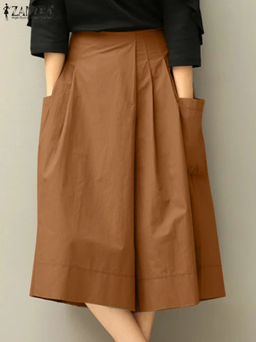 2025 ZANZEA Summer Women Wide Leg Pants Causal Pleated Calf-Length Pants Loose Pockets Solid Fashion Elastic Waist Pantalons