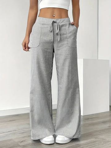 Slant Pockets Wide Leg Pants, Casual Striped Print Loose Drawstring Waist Pants For Spring & Summer, Plus Size Women's Clothing
