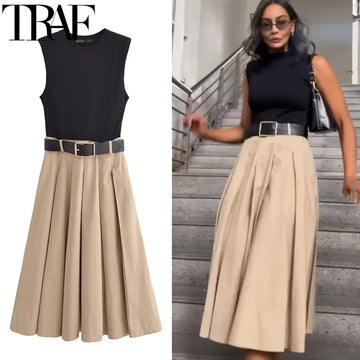 TRAF Womens Dresses 2025 Sleeveless Patchwork Long Dress Summer Pleated Elegant Party Dresses Belted Casual Midi Dresses 088